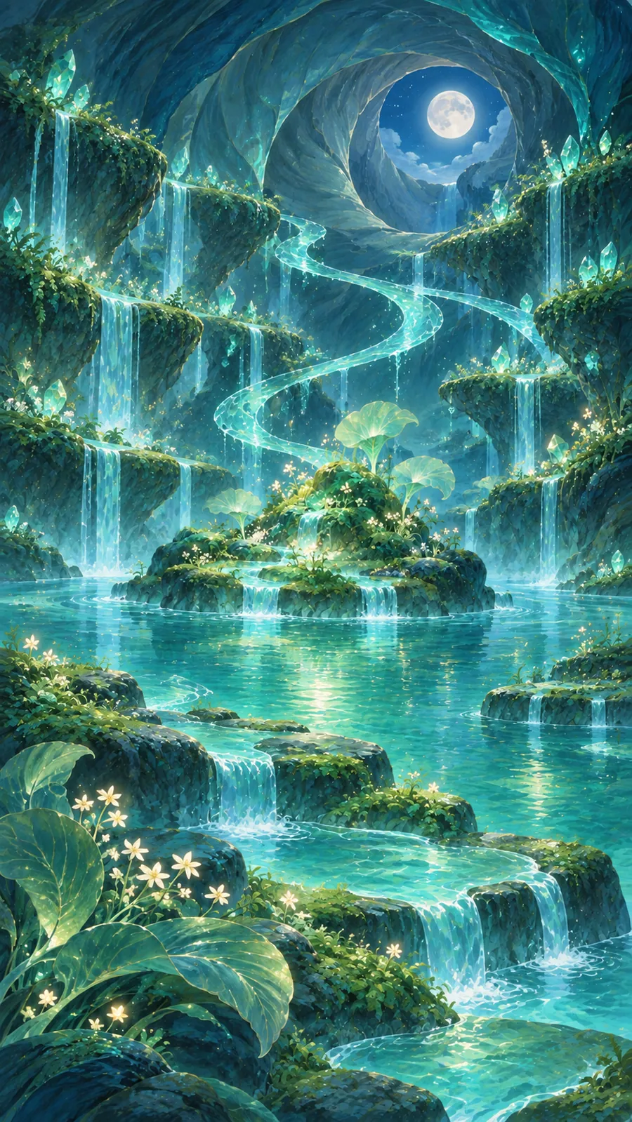 An underground sanctuary where streams of water meet in midair
